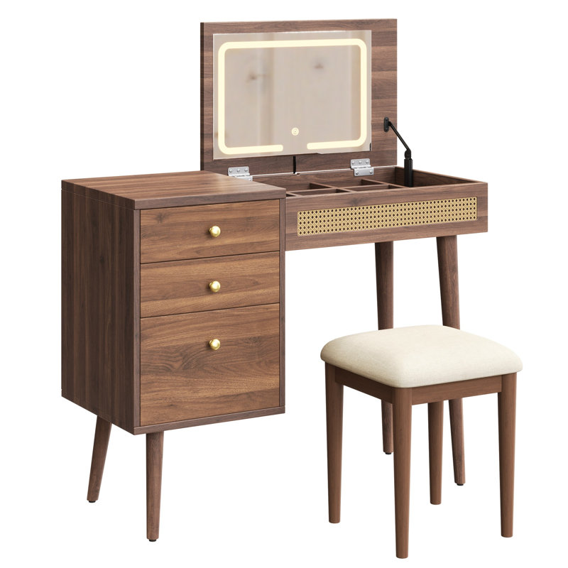 Coiffeuse de style rétro bohémien, bureau Vantiy avec miroir et lumières DEL, coiffeuse avec plateau rabattable, Noyer