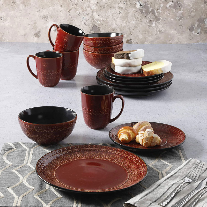 Gibson Elite Milanto 16 Piece Dinnerware Set, Cream, Red