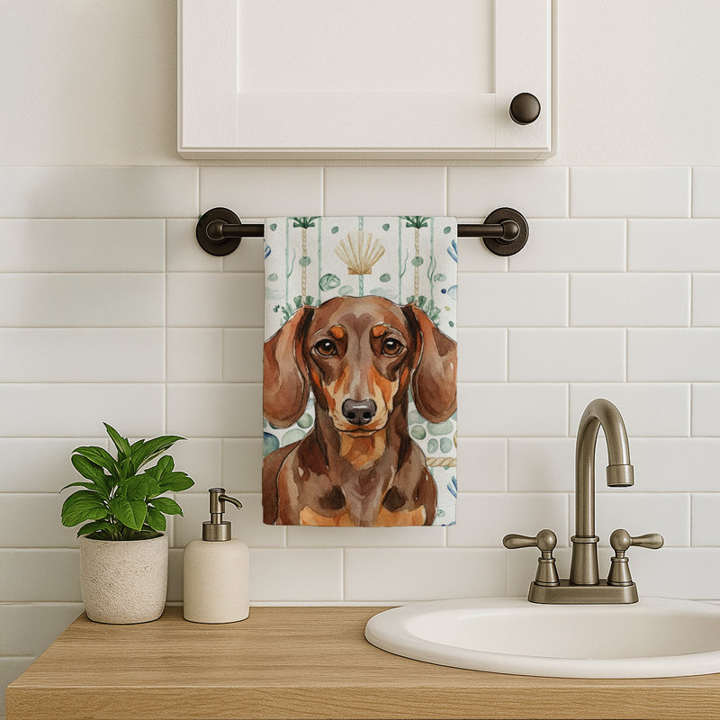 Chocolate and Tan Dachshund Coastal Sea Glass Kitchen Towel, Chocolate and Tan Dachshund