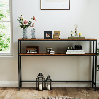 Console pour couloir, table de canapé mince à 2 niveaux, 20 x 120 x 80 cm, table de couloir avec 2 tablettes, pour le salon, la chambre à coucher, brun rustique et noir encre