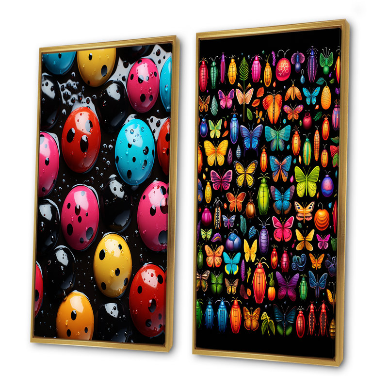 Colourful Insectes Bugs Collage I - ensemble de 2 insectes et insectes, Cadre flottant doré, H 28 po x l 25 po