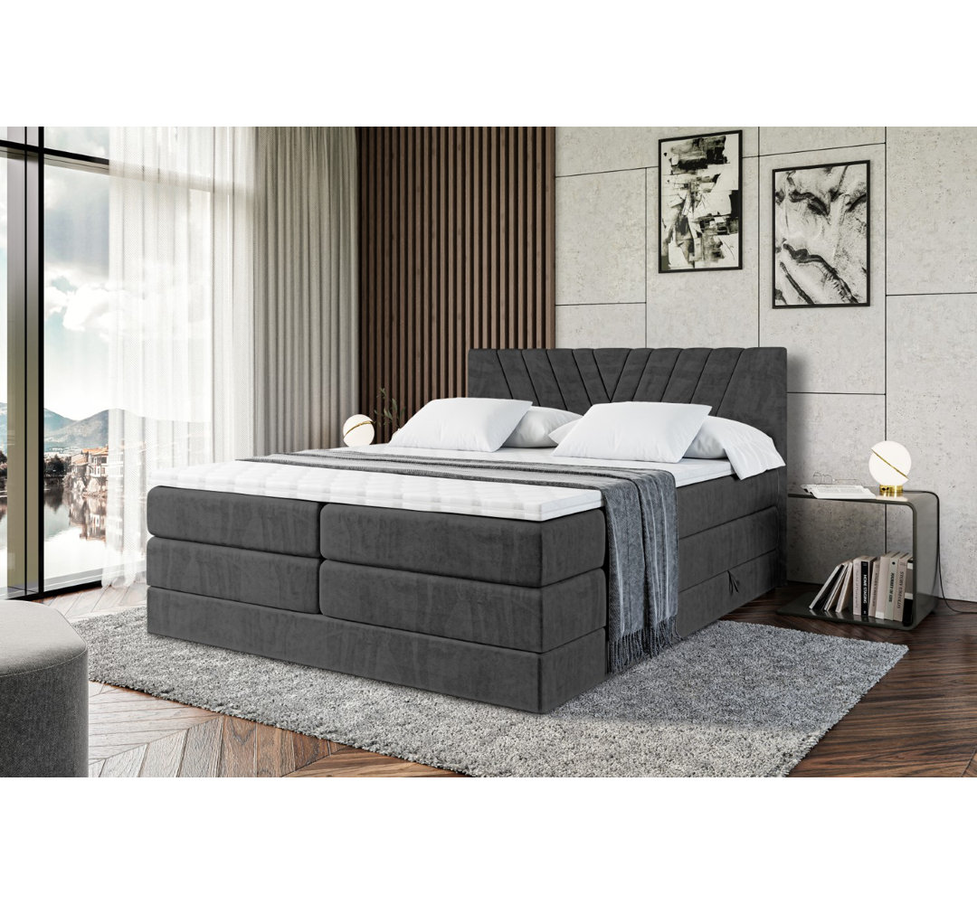 Echtes Boxspringbett Argel mit Zwei Matratzen, Topper und Bettkasten