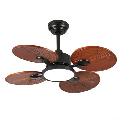 Ventilateur de plafond de 33 pouces avec lumière, 5 pales en bois massif, moteur à courant continu, application et télécommande, conduit à spectre complet à intensité variable, flux d'air réversible, pour chambre à coucher de salon de 15 x 15 pi, fonctionne sur des plafonds inclinés