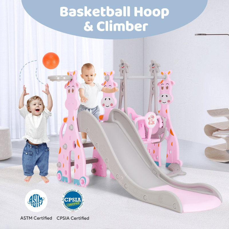 F.C Design Toddler Slide And Swing Set 5 In 1 - Playground Climber Slide Playset With Basketball Hoop Indoor Outdoor Freestanding Combination For Babies