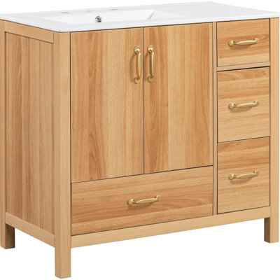 36" Wood Bathroom Storage Vanity With 4 Drawers, Adjustable Shelf, And Soft Close Function For Organized Quiet Bathrooms 36 - Inch Solid Construction, Gold Handles, Luxury