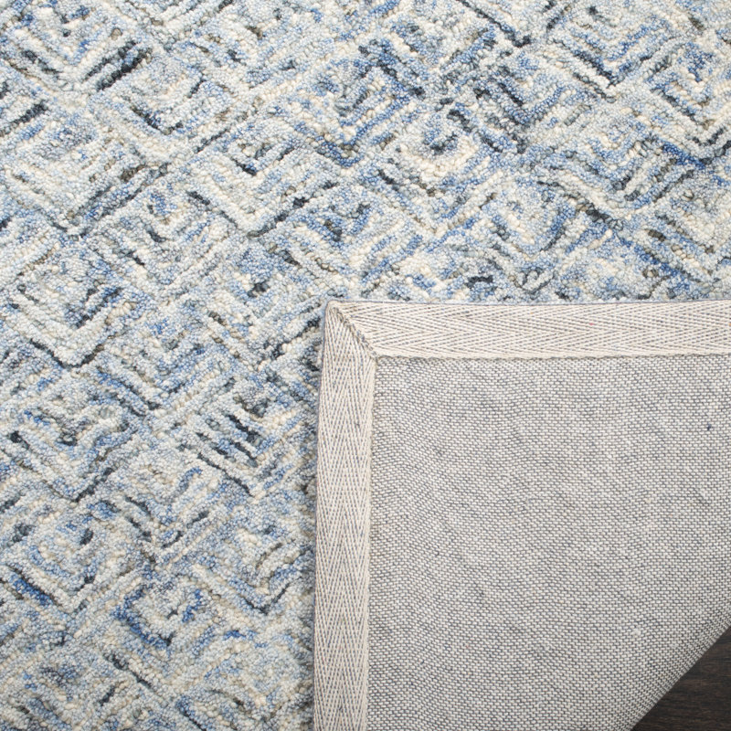 Tapis bleu / ivoire en laine touffeté à la main Abstract, Rectangle 8 pi x 10 pi