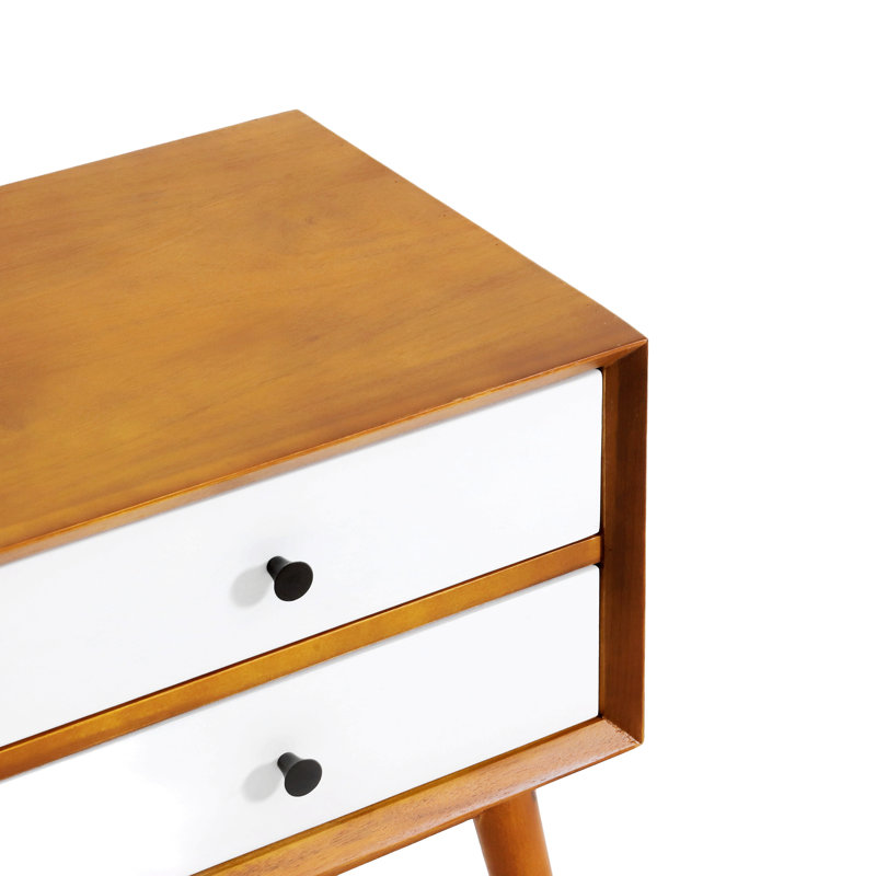 Table de chevet en bois d'acacia Romaro avec 2 tiroirs coulissants, Naturel / Blanc