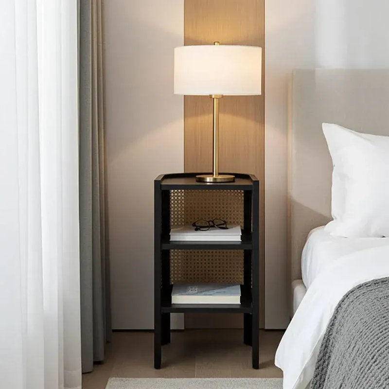 Farrow Solid Wood &  Rattan Bedside Table, Black
