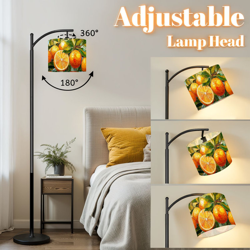 Lampe sur pied à arc avec abat-jour réglable oranges vives Lampe sur pied 3 températures de couleur à intensité variable avec interrupteur au pied pour chambre à coucher