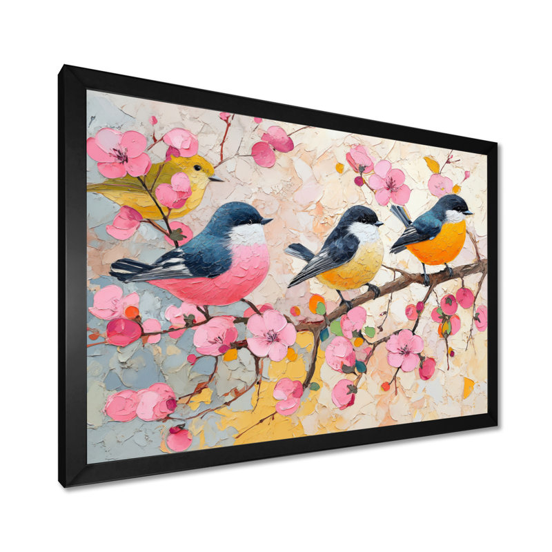 Décoration murale rose, oiseaux noirs et branches I - décoration murale oiseau, H 12 po x l 20 po, Cadre photo noir simple
