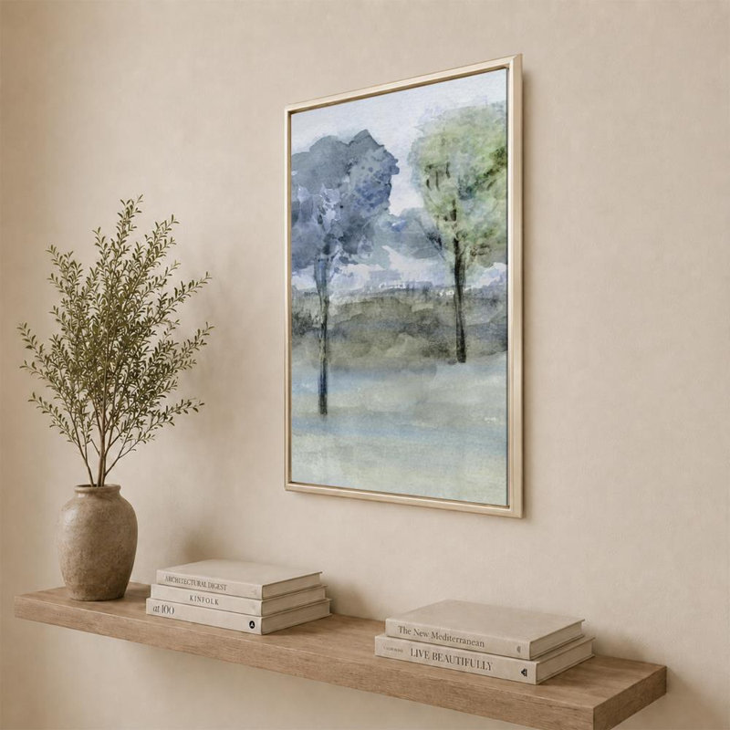 Meadow Debruce I par Val Rhodes - Graphisme sur toile, H 36 po x l 24 po, Cadre flottant biseauté, Champagne