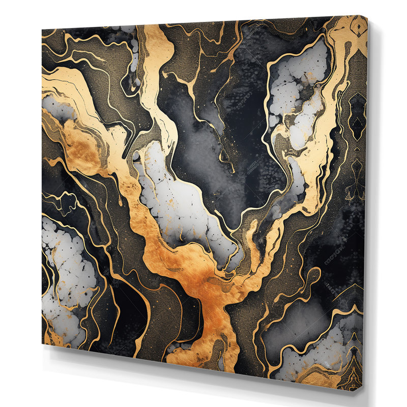 Or et marbre gris scintillant Galaxies II - art mural fractal, Toile tendue, H 30 po x l 30 po x P 1,5 po