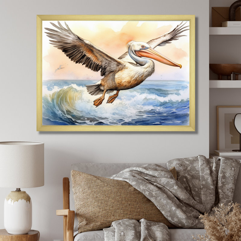 «Majestic Pelican Seabird I», reproduction sur toile, H 16 po x l 32 po x P 1 po, Cadre doré à une seule photo