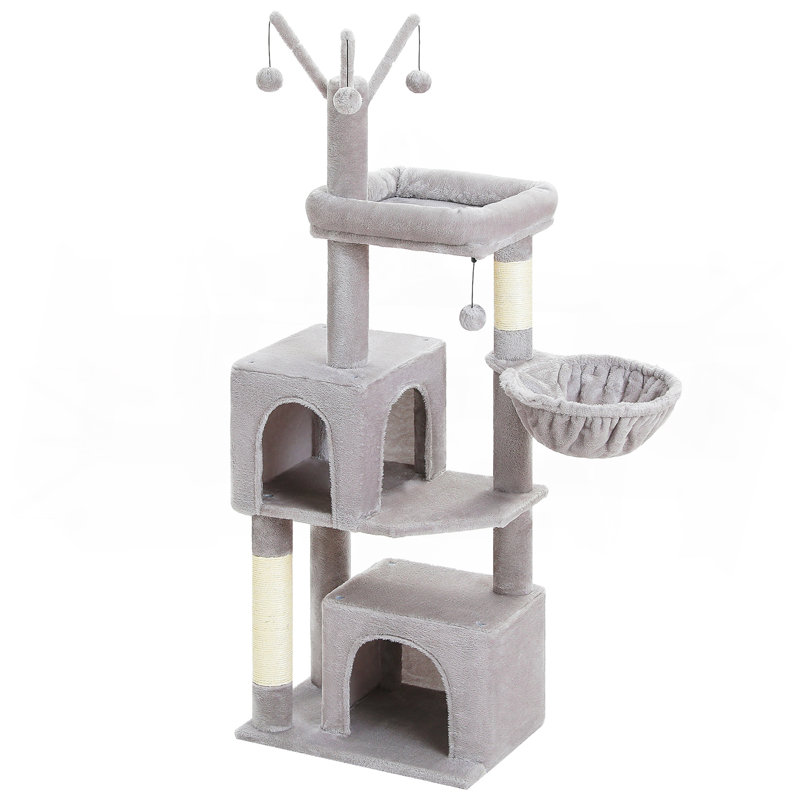 Arbre à chat de 53 pouces de haut avec 2 condos pour chats d'intérieur, tour pour chat avec poteaux à griffer pour petits chats, tour pour arbre à chat gris avec hamac et jouets pour chat