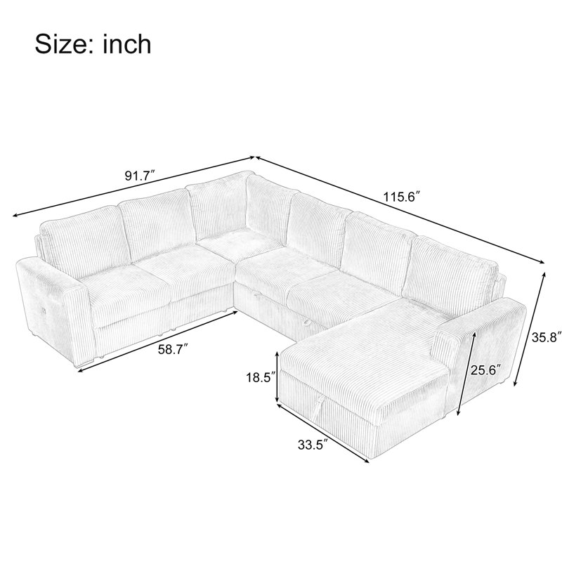 Combinaison de velours côtelé avec espace de rangement, 6 surdimensionnés pour le salon, le bureau, spacieux et relaxant