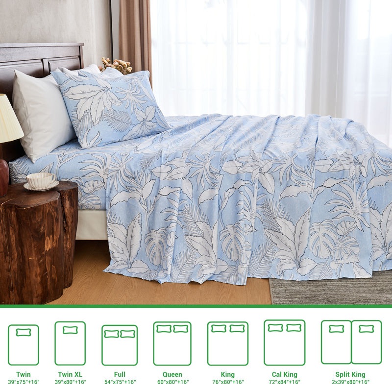 Ensemble de draps 4 po Gogreen, Ensemble de draps pour lit double avec 2 taies d'o, Feuilles bleues
