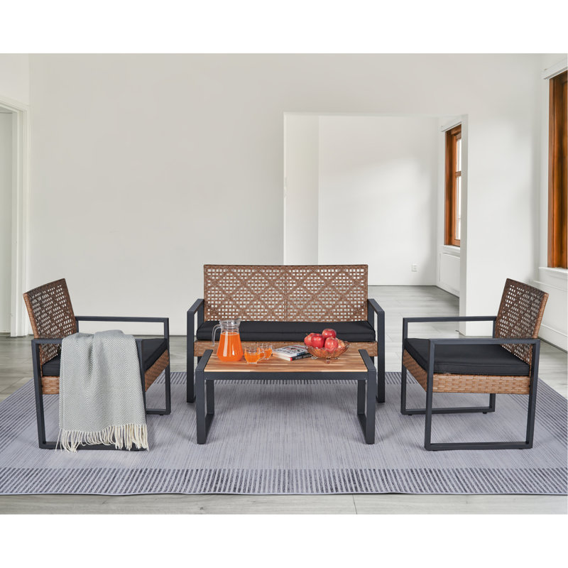 4-Piece Patio Furniture Set Outdoor Balcony Porch Garden Backyard Lawn Furniture Acacia Wood Table Top, Morden Black And Light Brown