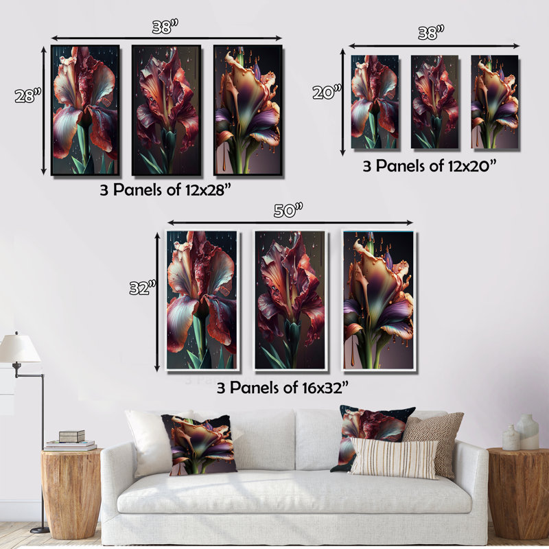 «Red Gladiolus Flowers», 3 pièces sur toile, H 20 po x l 36 po, Cadre flottant doré