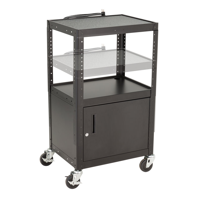 Adjustable Black Metal AV Cart with Locking Cabinet