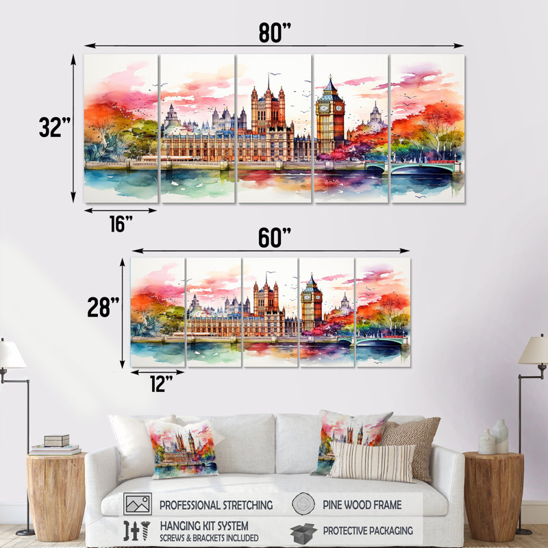 Ensemble de 5 décorations murales Big Ben London Skylines At Sunset II - London, H 28 po x l 60 po