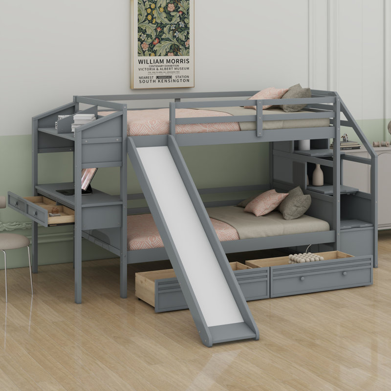 Bunk Bed With Storage Staircase, Slide,Drawers, Desk With Drawers And Shelves, Gray