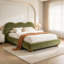 Lit Queen en tissu bouclé vert olive, tête de lit camel, pieds ronds en bois, cadre en hévéa massif et d'ingénierie, cadre de lit moderne et bas pour chambre à coucher-1425413749