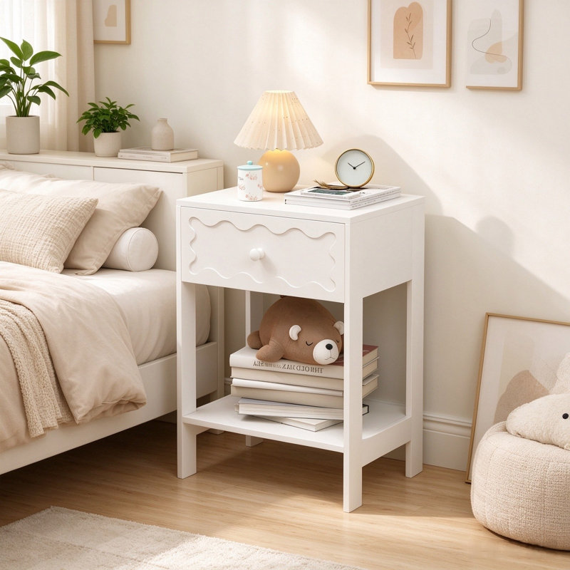 Kids Nightstand with Wave Decor Drawer, Wooden Bedside Table with Open Storage Shelf, Small End Side Table for Bedroom, Nursery, Kids Room, Easy Assembly