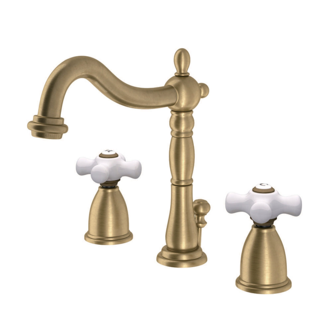 Kingston Brass Heritage Two-Handle 3-Hole Deck Mount Widespread Bathroom Faucet with Brass Pop-Up Drain Kingston Brass 