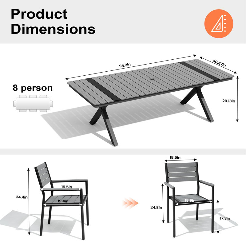 Ensemble repas pour 8 personnes avec trou pour parasol et chaises à accoudoirs pour 8 personnes, Gris