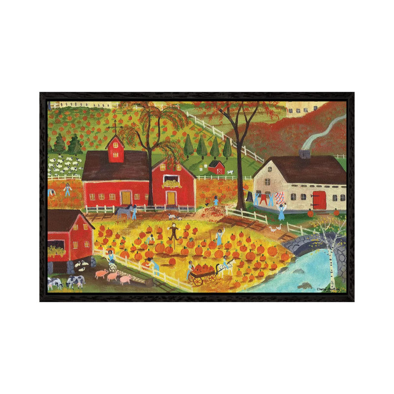 Country Farm Pumpkin Pickers by Cheryl Bartley - Painting on Canvas, Black Framed, 45.72cm H x 66.04cm W x 3.81cm D