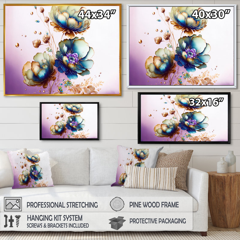 «Green and Blue Violet Floral I», reproduction sur toile, H 30 po x l 40 po x P 1,5 po, Toile avec cadre flottant noir