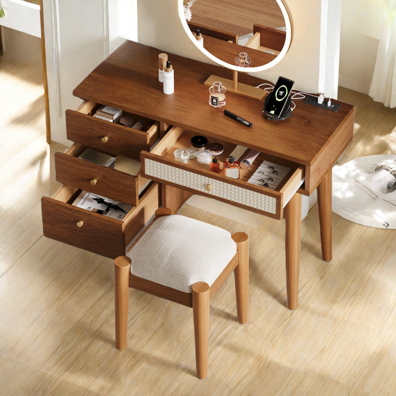 Ensemble coiffeuse style bohème avec 4 tiroirs, prise de charge, port USB et tabouret, Noyer