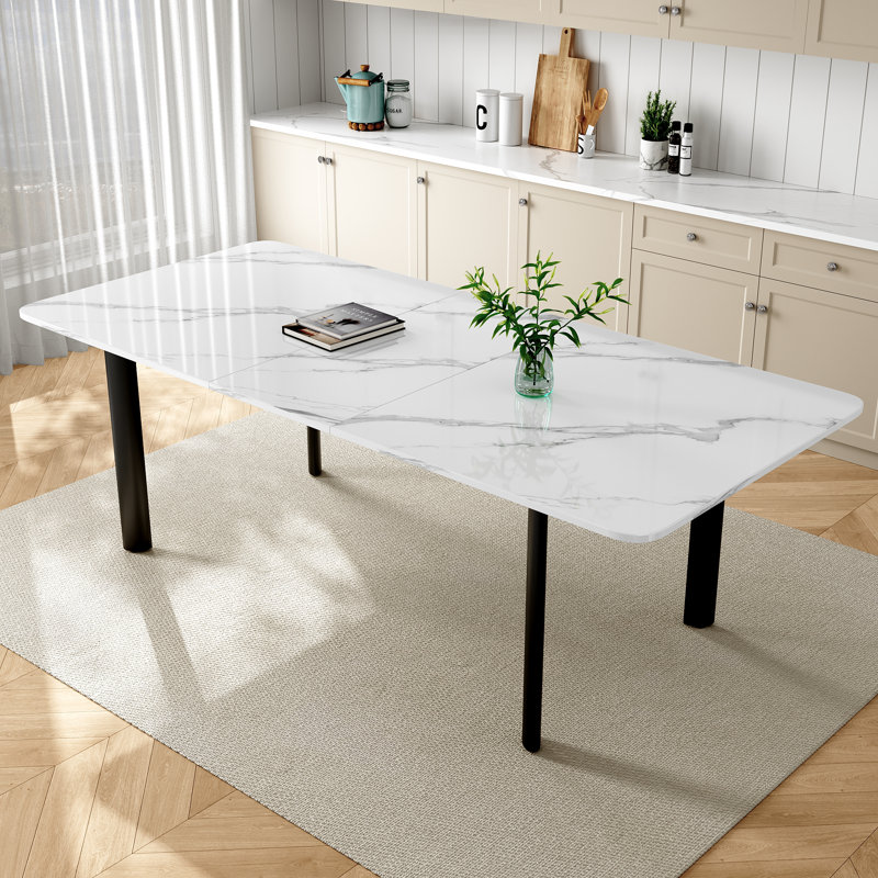 78,7 po Table de salle à manger rectangulaire blanche extensible moderne pour 6 à 8 personnes avec pieds en métal noir