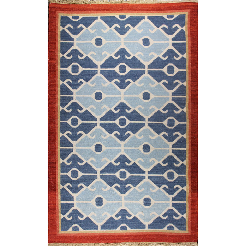 Bleu sud-ouest noué à la main laine/Tapis décoratif blanche Patridge, Rectangle 5 pi x 8 pi