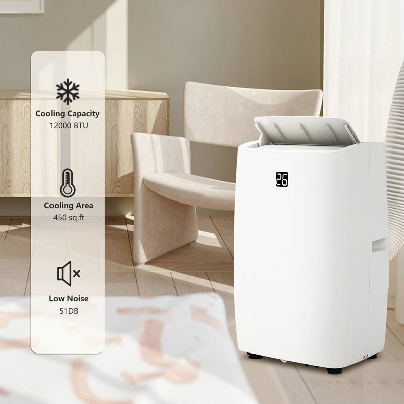 Climatiseur portatif 12-en-1 12 000 BTU avec télécommande pour pièces jusqu'à 450 pieds carrés, déshumidificateur et ventilateur, affichage numérique et mode veille intelligente