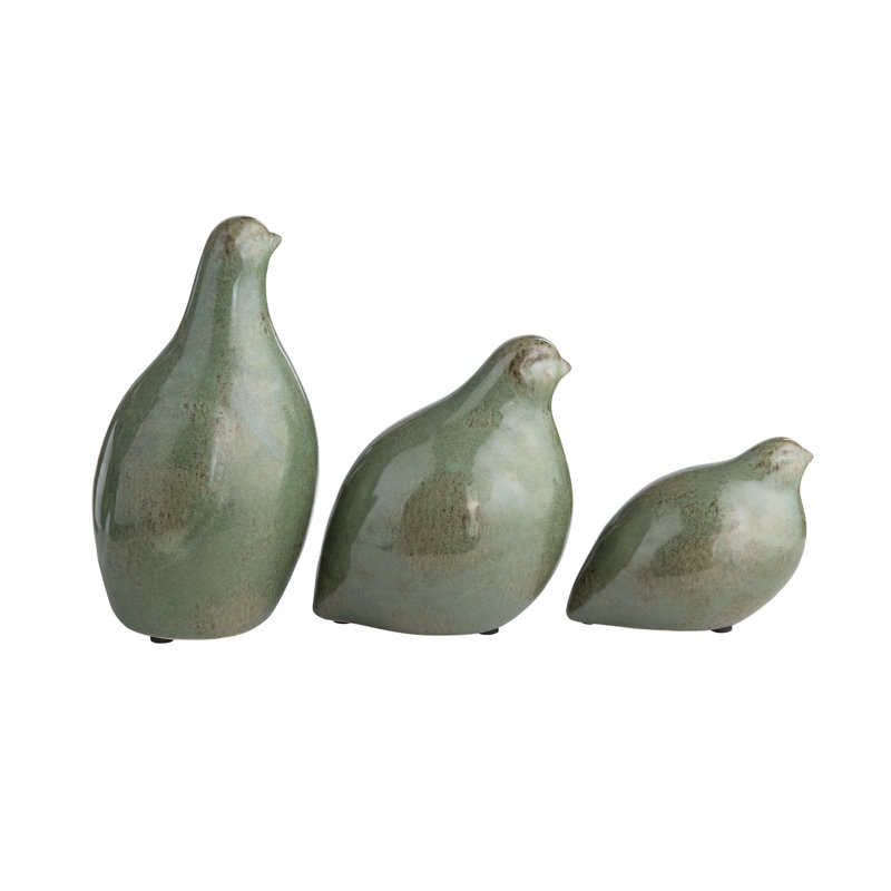 3 Piece Green Ceramic Partridge Statue Set