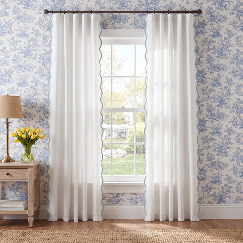 Yolonda Cotton Blend Semi Sheer Curtain Pair, Blue/White, 52'' W x 84'' L