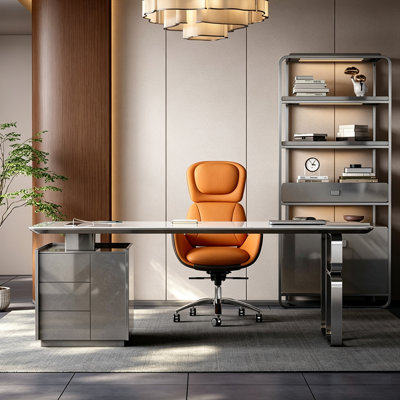 Bureau 70,87 po en bois fritté noir de luxe moderne avec structure en acier inoxydable, armoire latérale de rangement multi-tiroirs et prise de courant multifonctionnelle