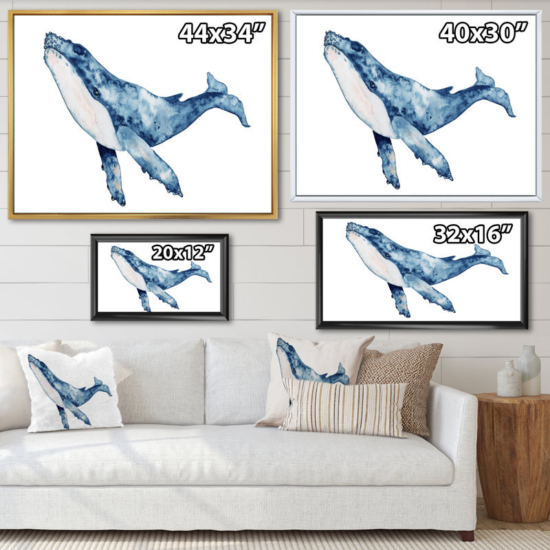 «Blue Whale on White II», reproduction sur toile, H 12 po x l 20 po x P 1 po, Cadre flottant doré