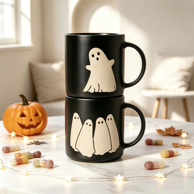 Ensemble de grandes tasses en grès noir Halloween