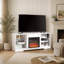 Meuble télé blanc moderne avec foyer électrique intégré et étagères en verre ajustables pour des espaces de vie chaleureux.