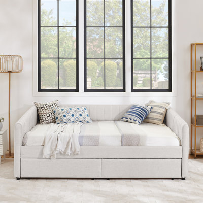 Queen Size Daybed With Two Drawers Trundle Upholstered Sofa Bed, With Vertical Stripes, Linen Fabric