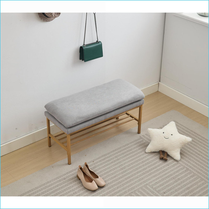 Storage Bench | Modern Linen Upholstered with Shelf | 300 LB | Slate Gray | for Bedroom, Entryway | Polyester Blend | Gray