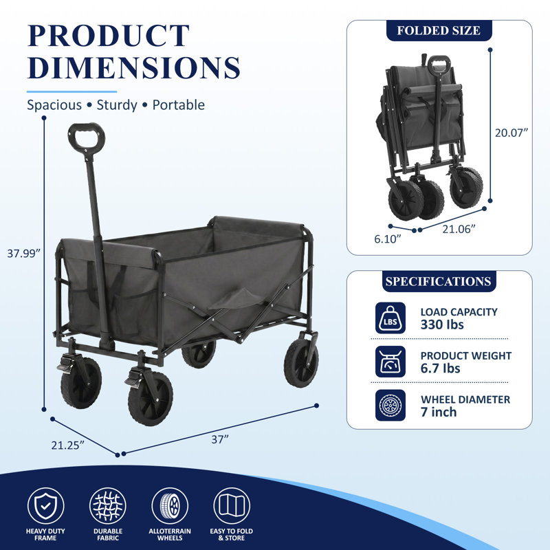 Chariot pliable à roulettes avec chariot, chariot pliant robuste de 330 lb, chariot pliant portatif avec poignée réglable pour faire du camping à la plage