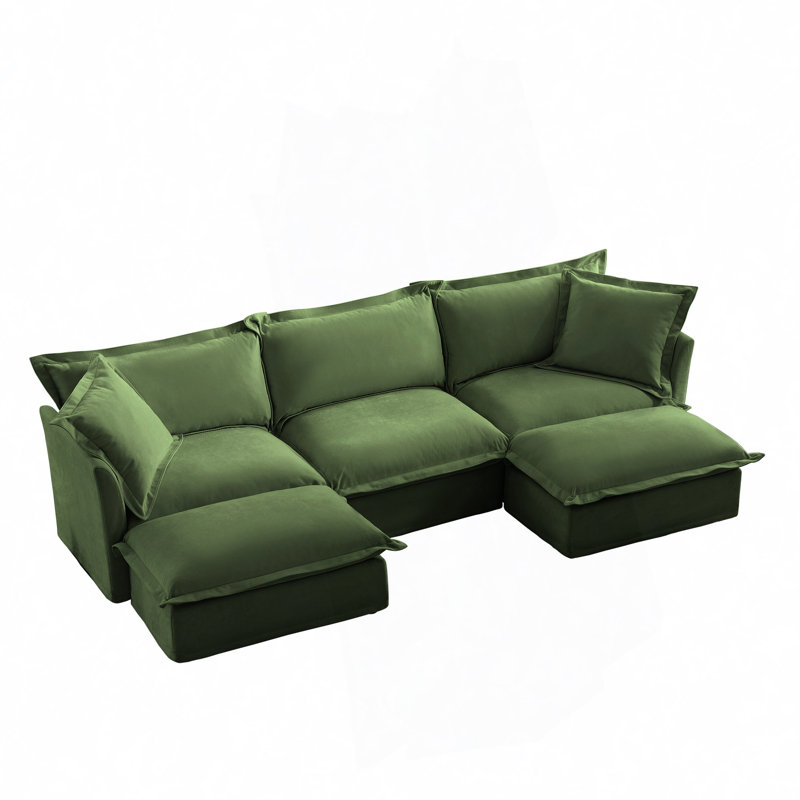 Evelyn U-Shaped Sectional Sofa with 2 Ottomans, 34.6" H x 120" W x 55" D,, Green Chenille