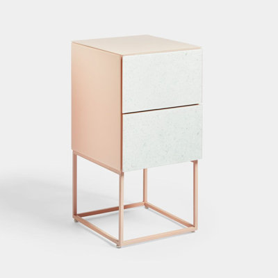 Tempered Glass Marble Stone Double Drawer Bedside Table for Bedroom, Living Room