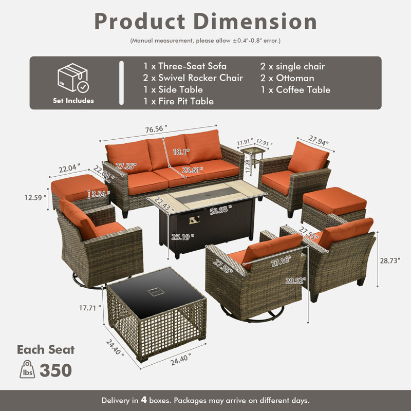 Ensemble de conversation d'extérieur en osier pour 7 personnes Allcot, ensemble de chaises de patio pivotantes avec table basse éclairée et coussins