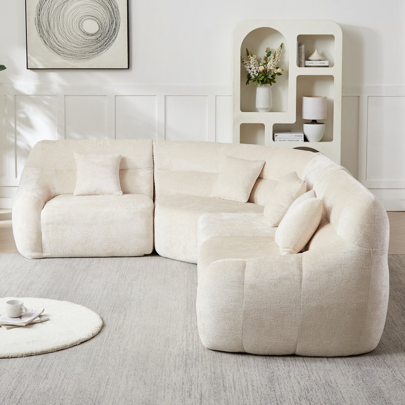 Canapé d'angle incurvé de luxe contemporain en chenille de 123,2 pouces Boneless, Chenille - Beige