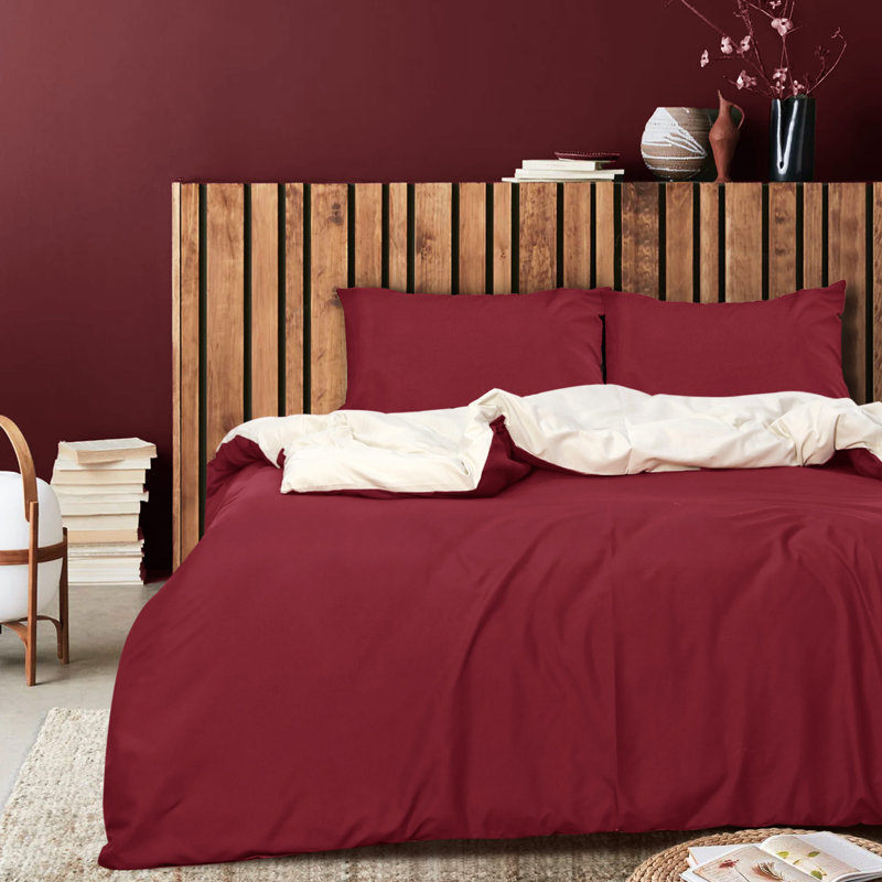 Aglaee Polyester Solid Colour Duvet Cover Set with Pillowcases, Double - 2 Standard Pillowcases, Beige/Burgundy