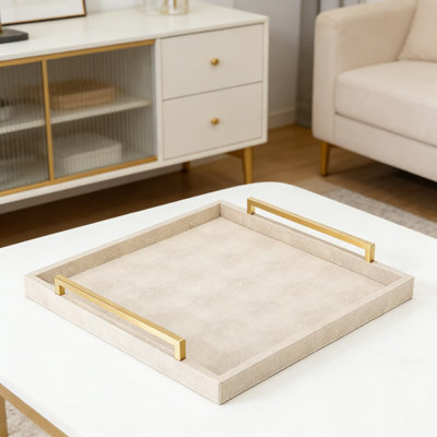 Grand plateau repose-pieds carré avec poignées dorées, plateau de service décoratif en cuir chagrin pour table basse et décor de salon